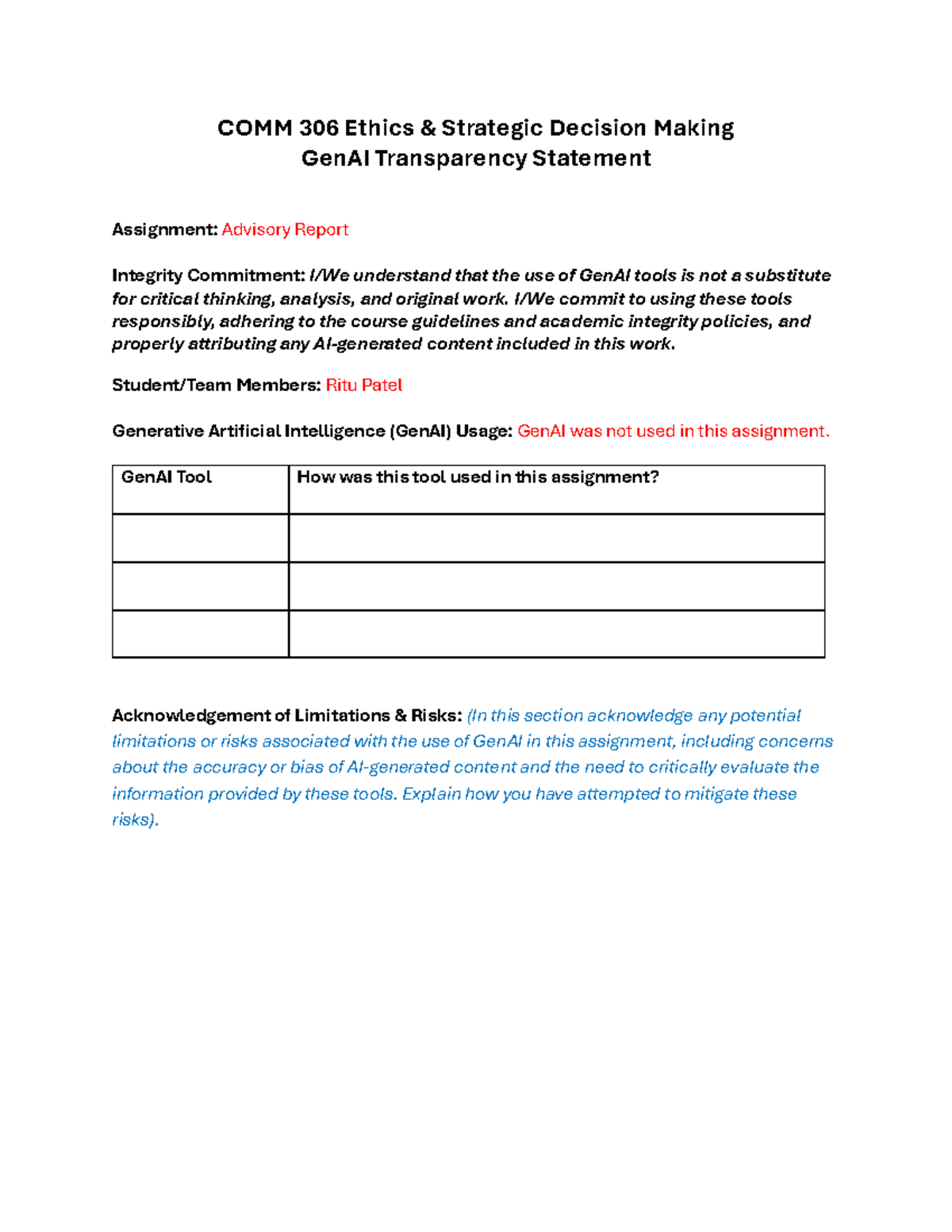COMM 306 GenAI Transparency Statement: Advisory Report on Ethics - Studocu