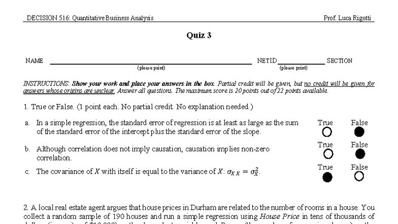 Quiz 3 Solutions for DECISION 516: Quantitative Business Analysis - Studocu