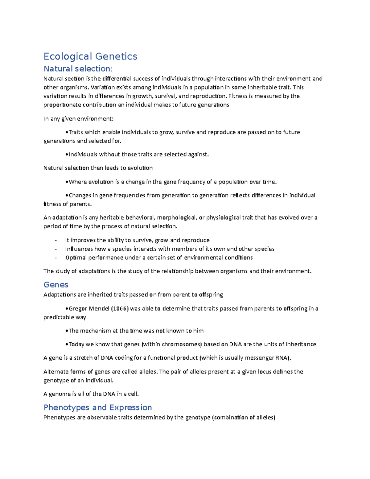 Ecology notes chapter 5-7 - Ecological Genetics Natural selection ...
