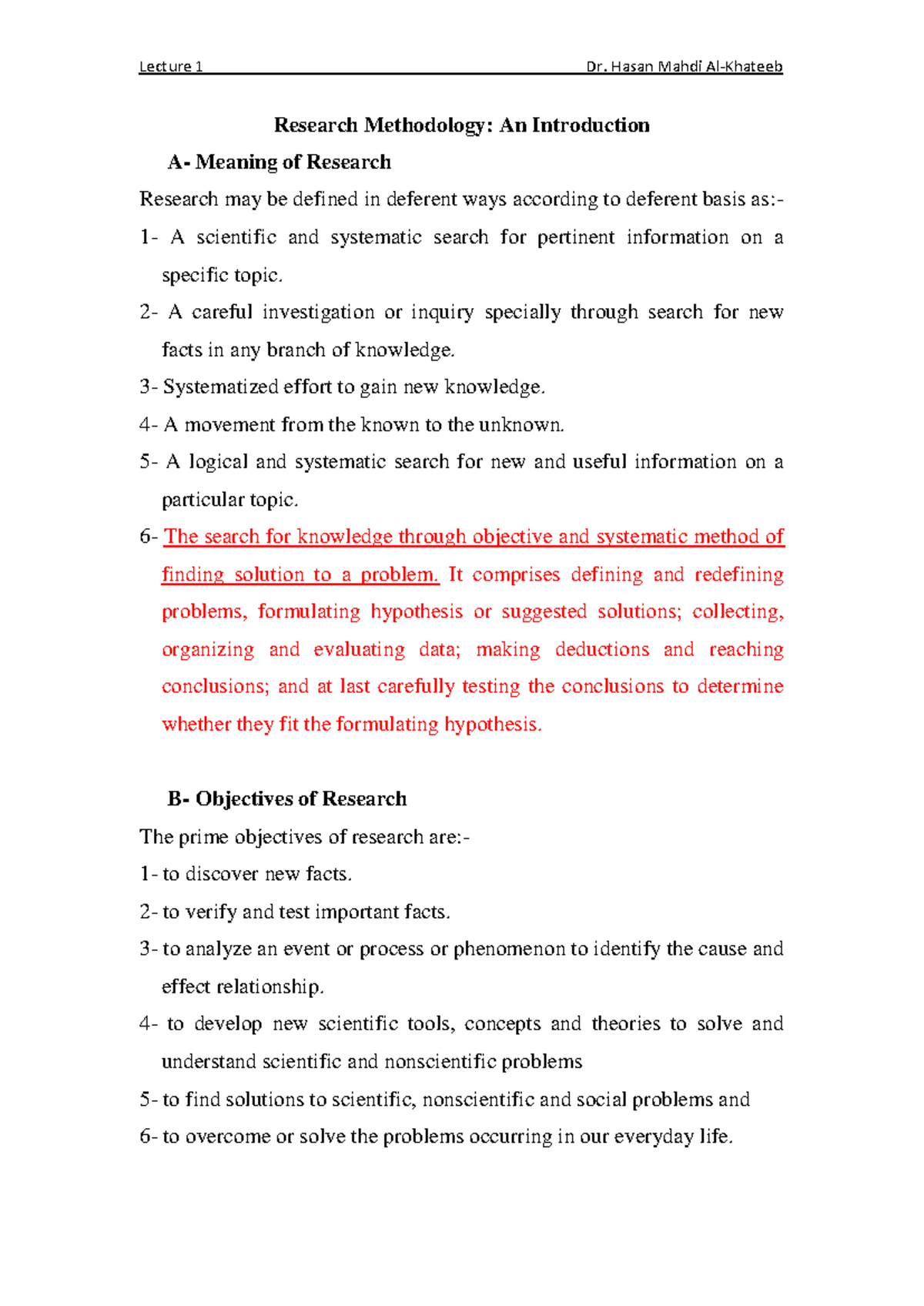 Lecture 1: Introduction to Research Methodology by Dr. Hasan Mahdi ...