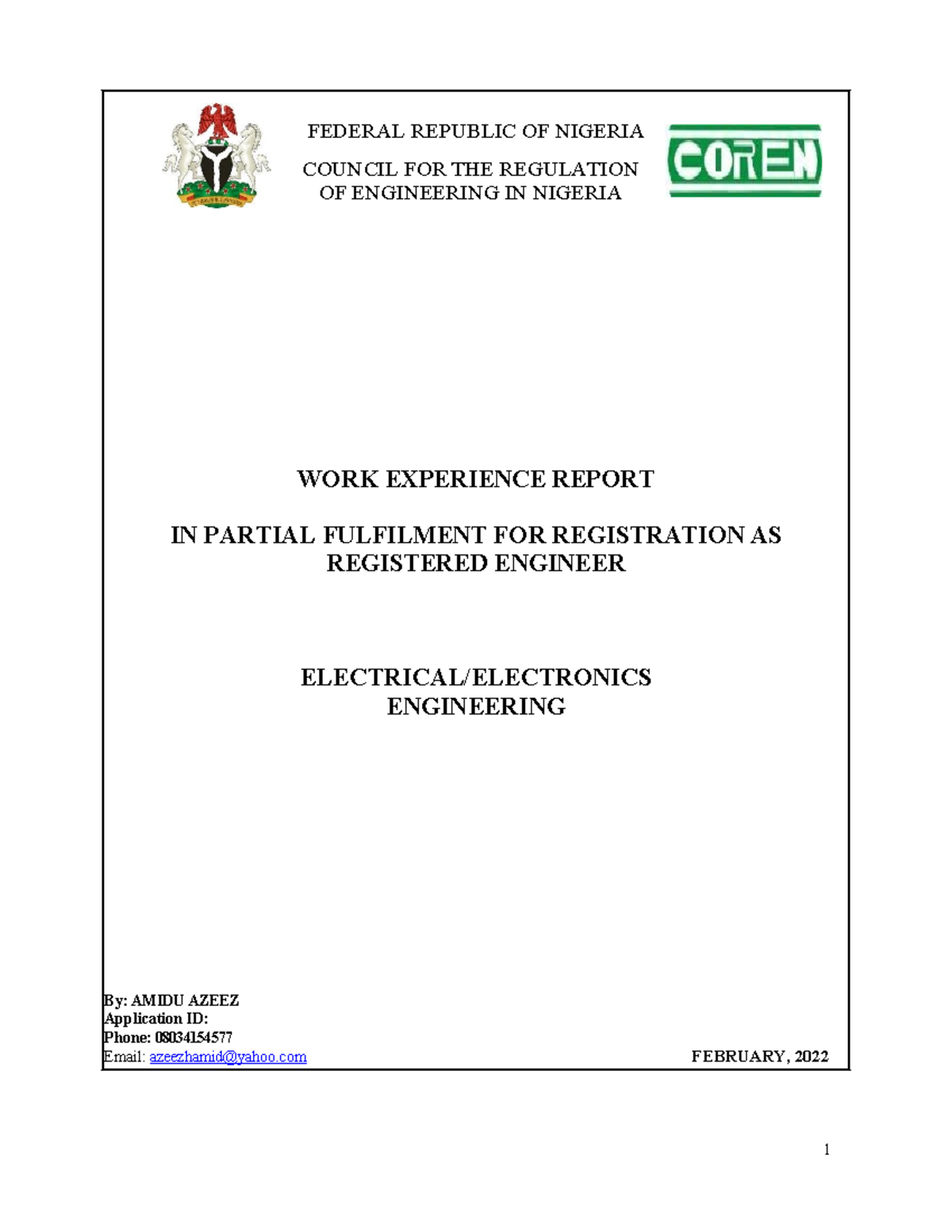 Engineering Work Experience Report for Registration as Registered ...