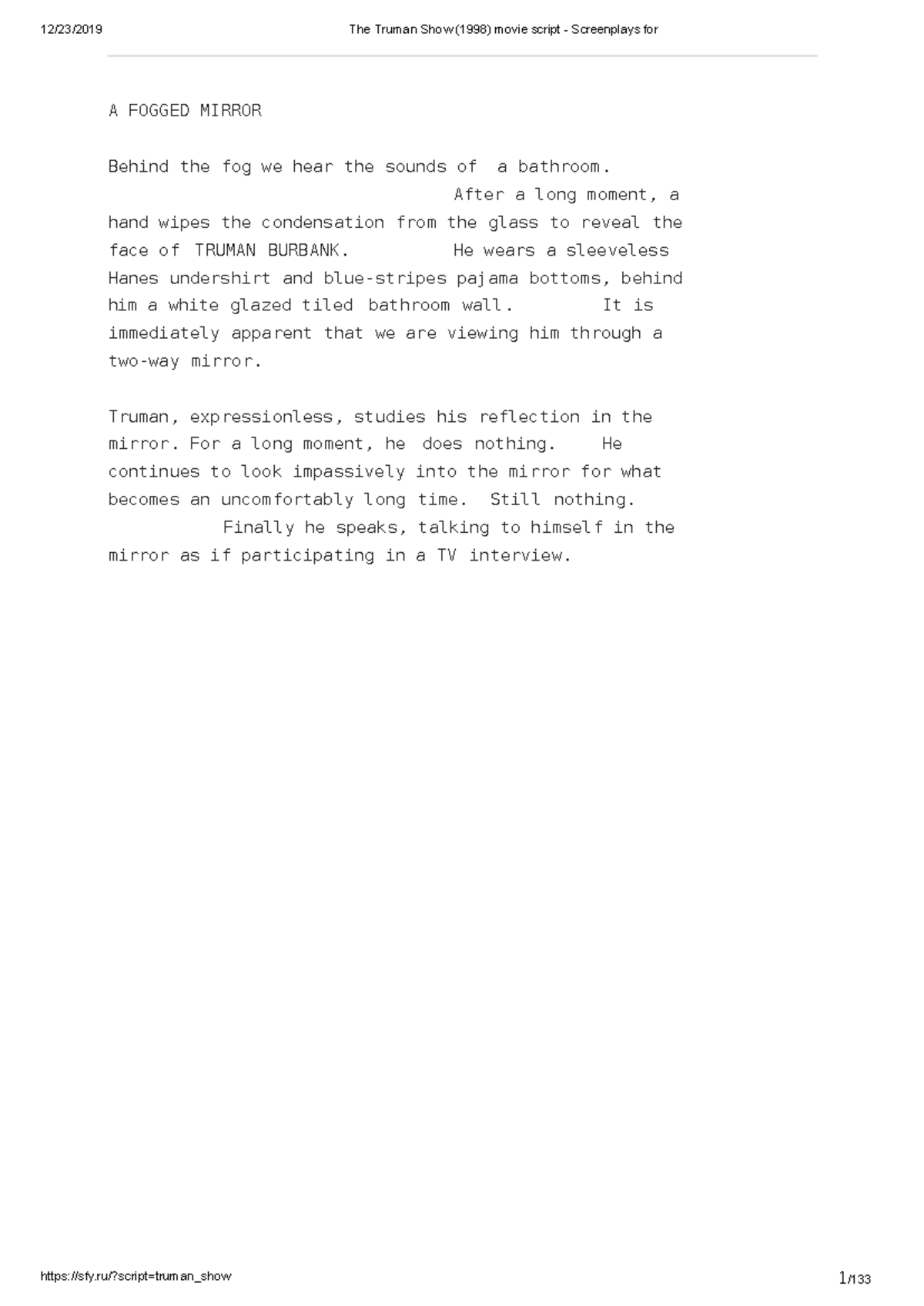 The Truman Show (1998) Movie Script Analysis and Insights - Studocu
