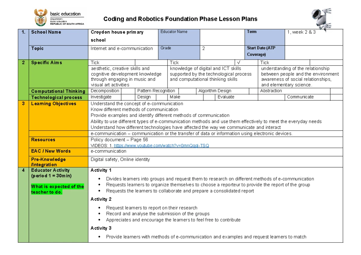 Grade 1 Term 1 LP 2: Engaging Robotics Lesson Plan Draft 2 - Studocu