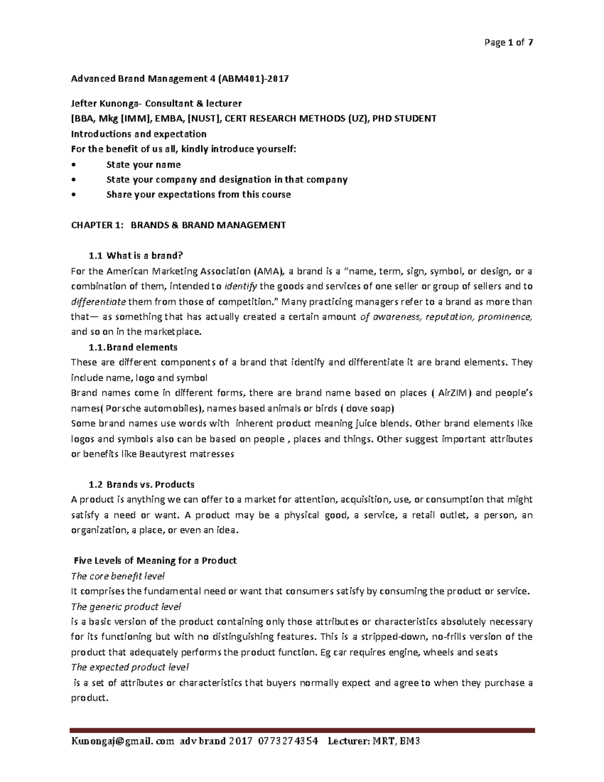 ABM401 Chapter 1: Understanding Brands & Brand Management Methods - Studocu