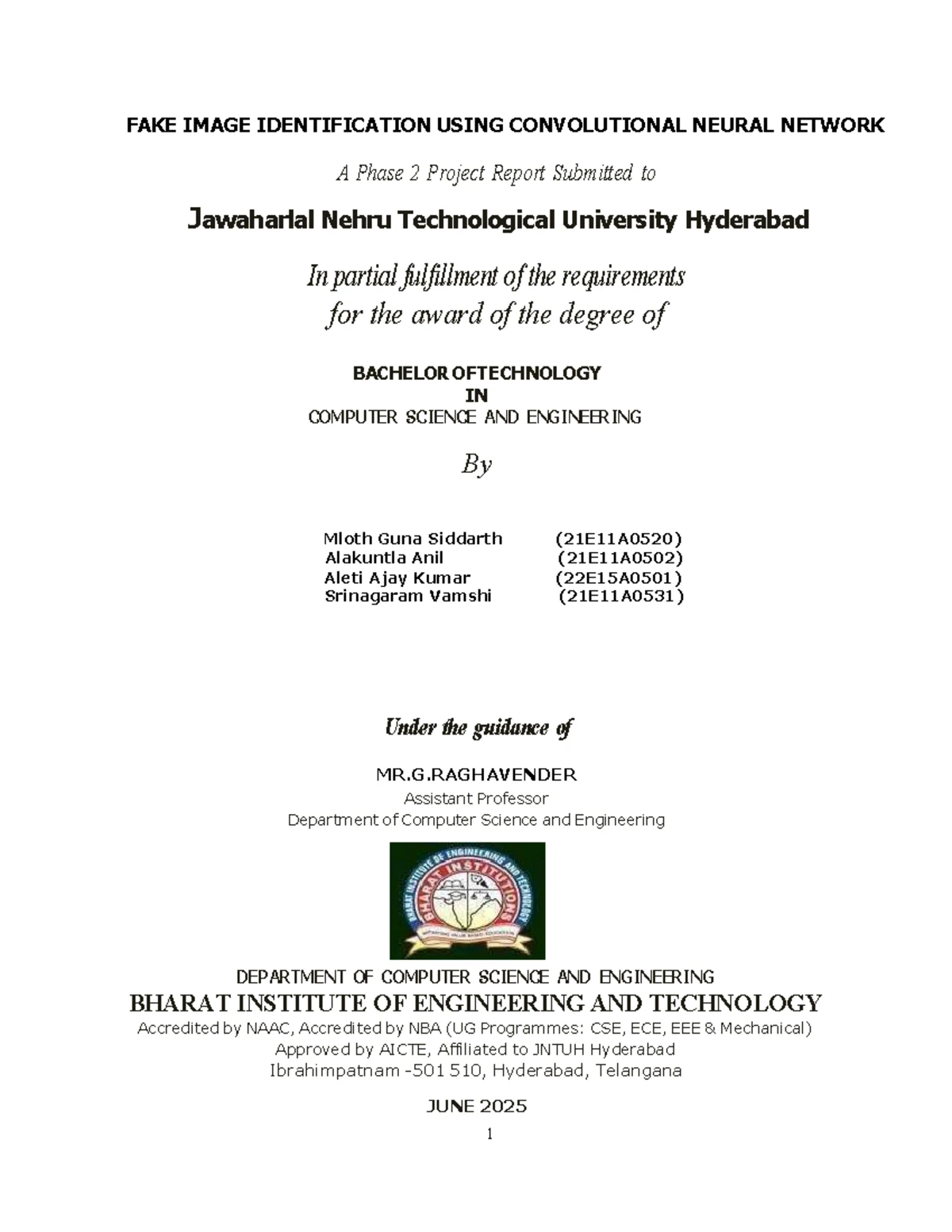 FAKE IMAGE IDENTIFICATION USING CNN: Phase 2 Project Report (B.Tech CSE ...