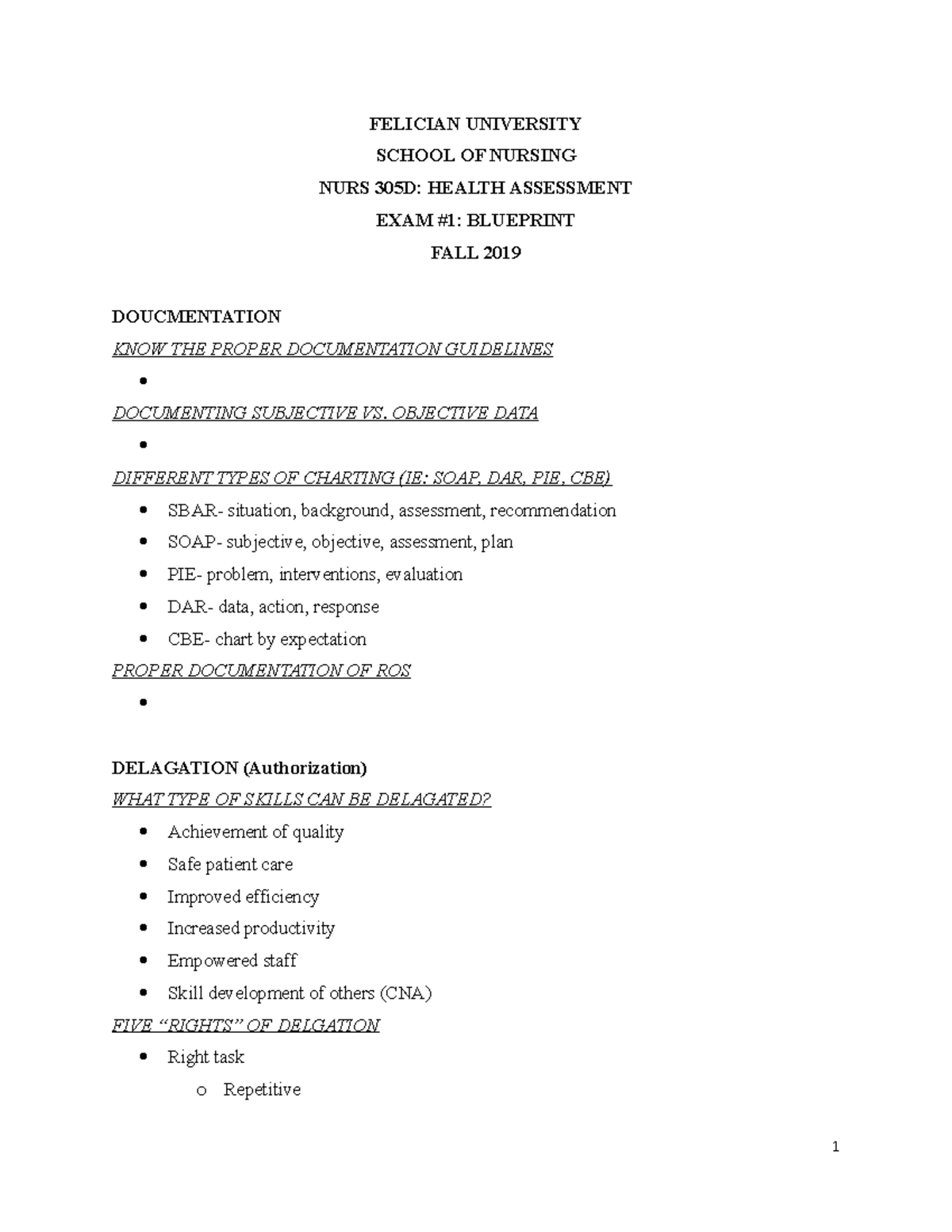 NURS 305D Exam 1 Blueprint: Key Concepts in Health Assessment - Studocu