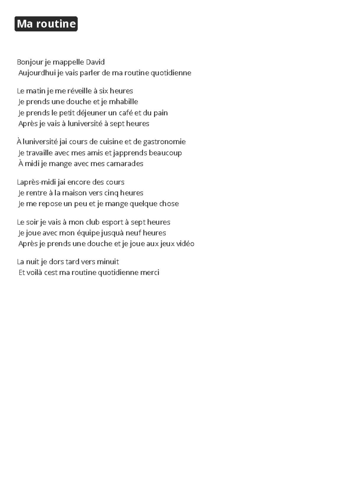 Ma routine quotidienne - Apunte de français - Studocu