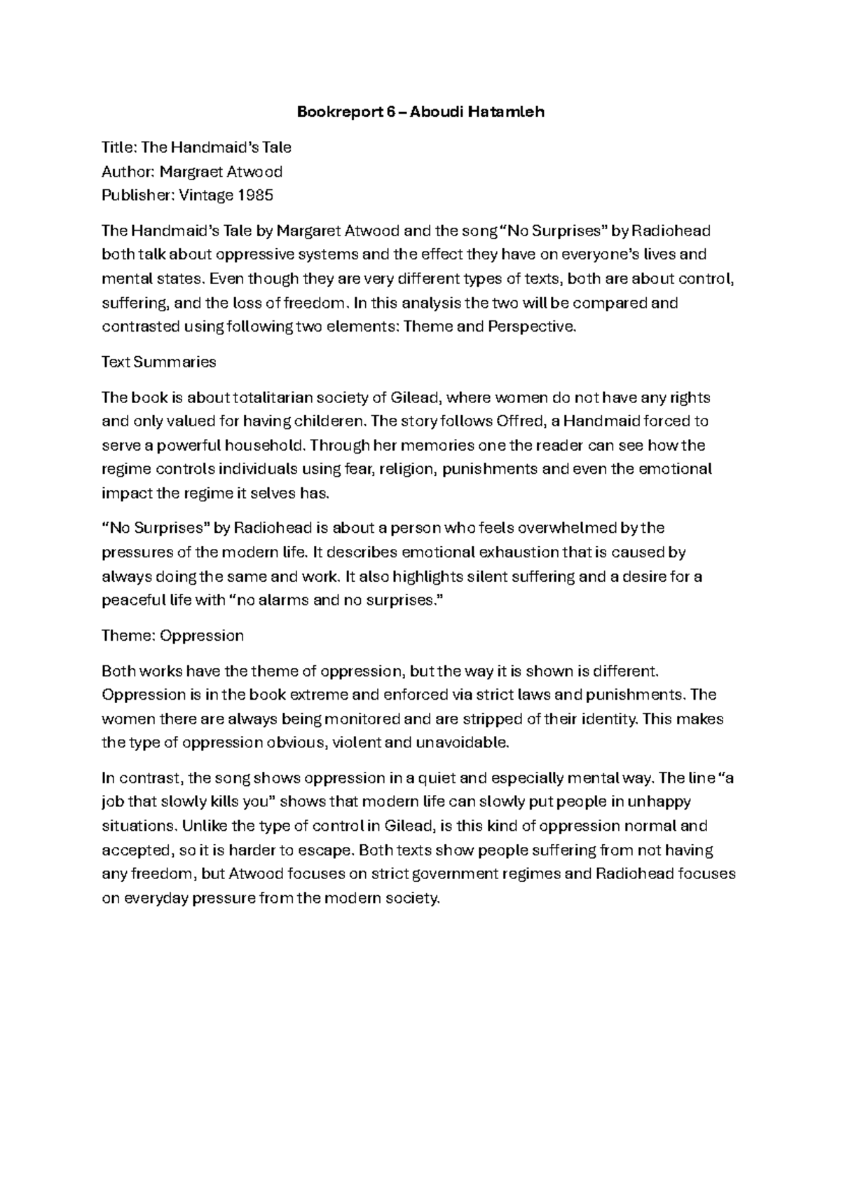 Book Report 6: Analyzing Oppression in Atwood's 