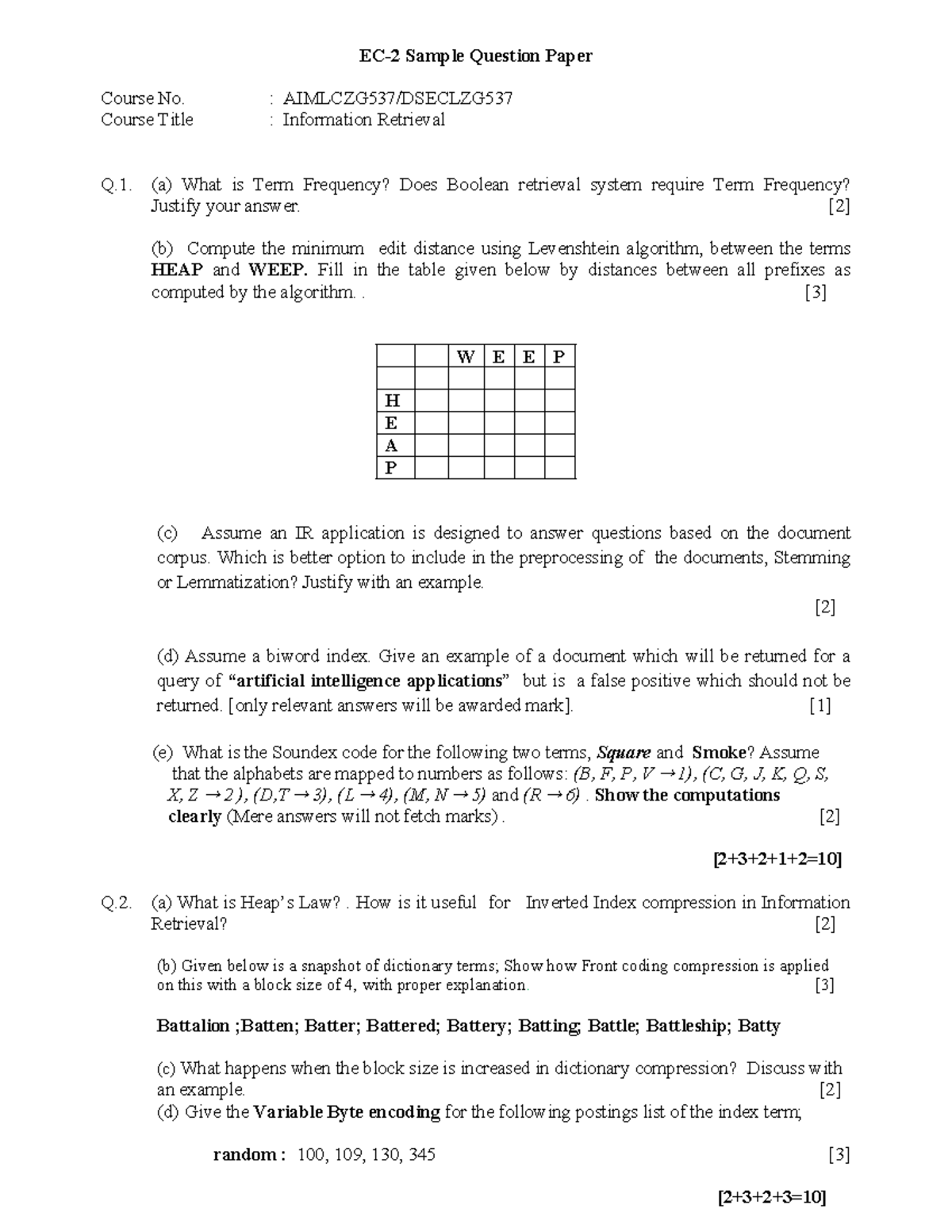 Information Retrieval Sample Question Paper (Course No. IR101) - Studocu