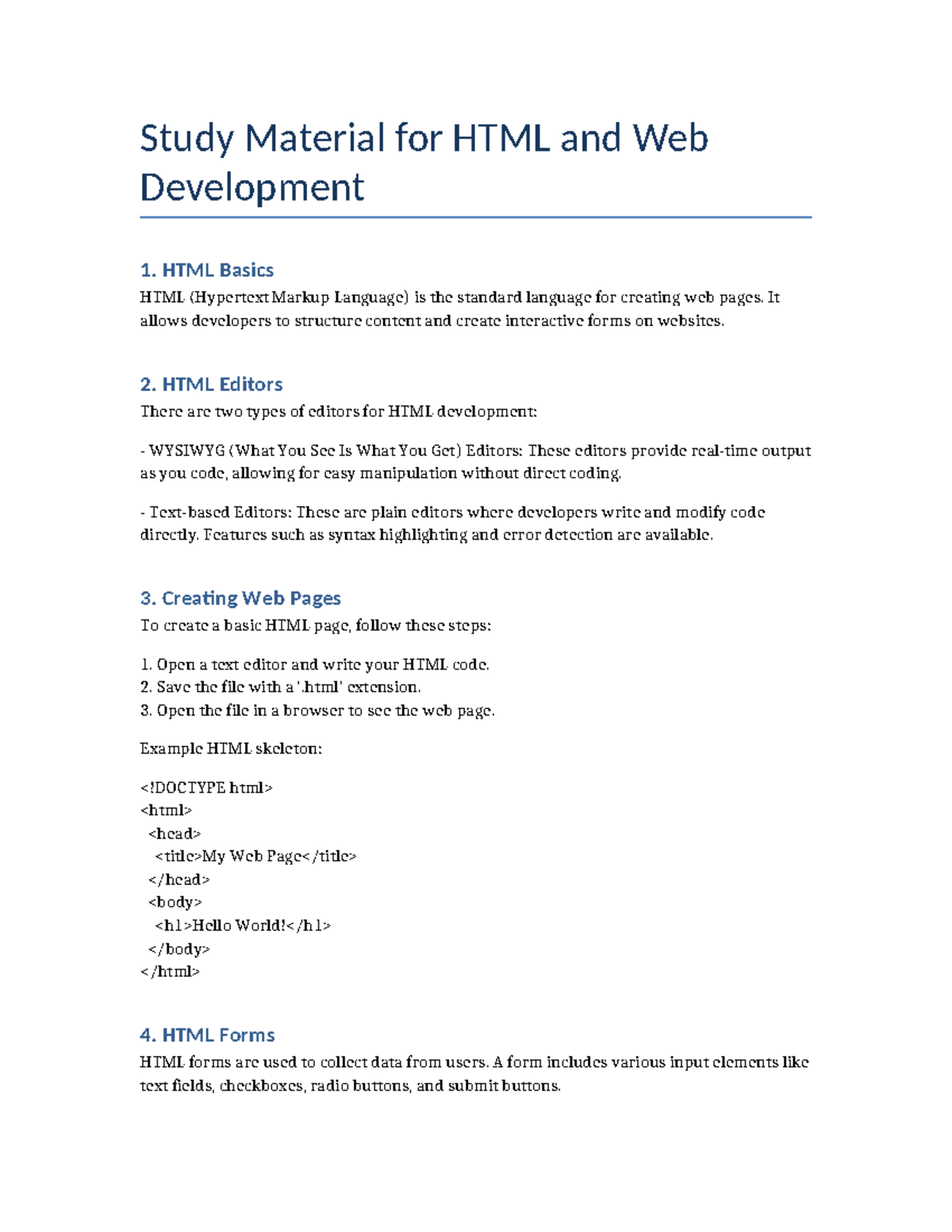 HTML Web Development Study Material: Basics, Editors & Forms - Studocu
