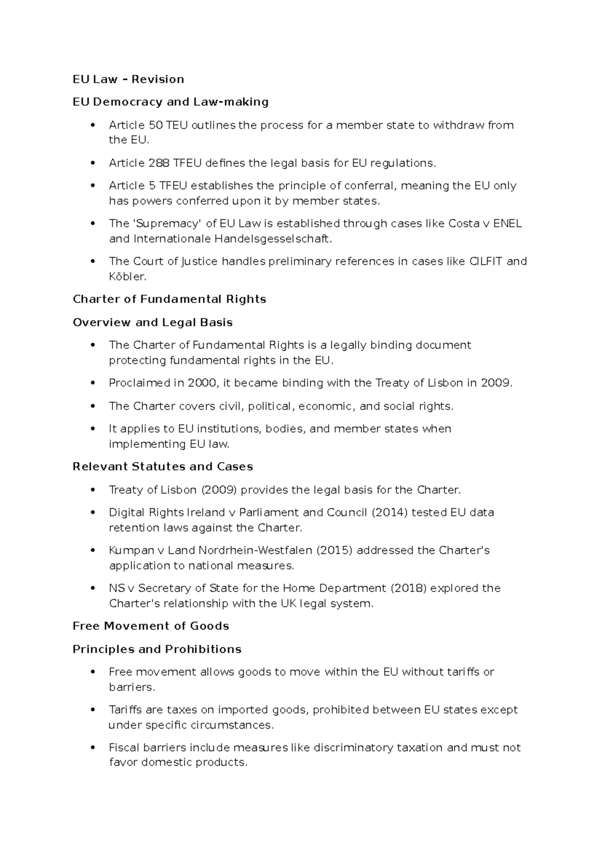 EU Law Cheat Sheets: Key Principles and Case Summaries - Studocu