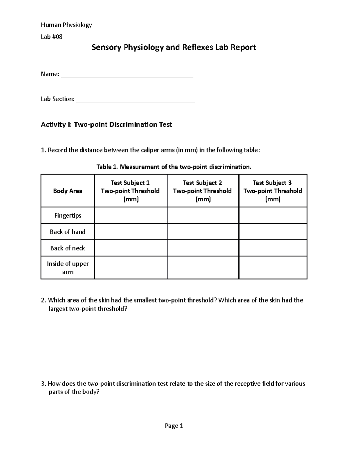 Lab 08: Sensory Physiology and Reflexes Lab Worksheet Report - Studocu