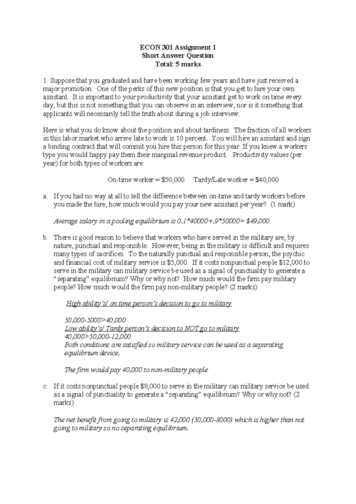 ECON 301 Assignment 1: Short Answer Question Solutions Analysis - Studocu