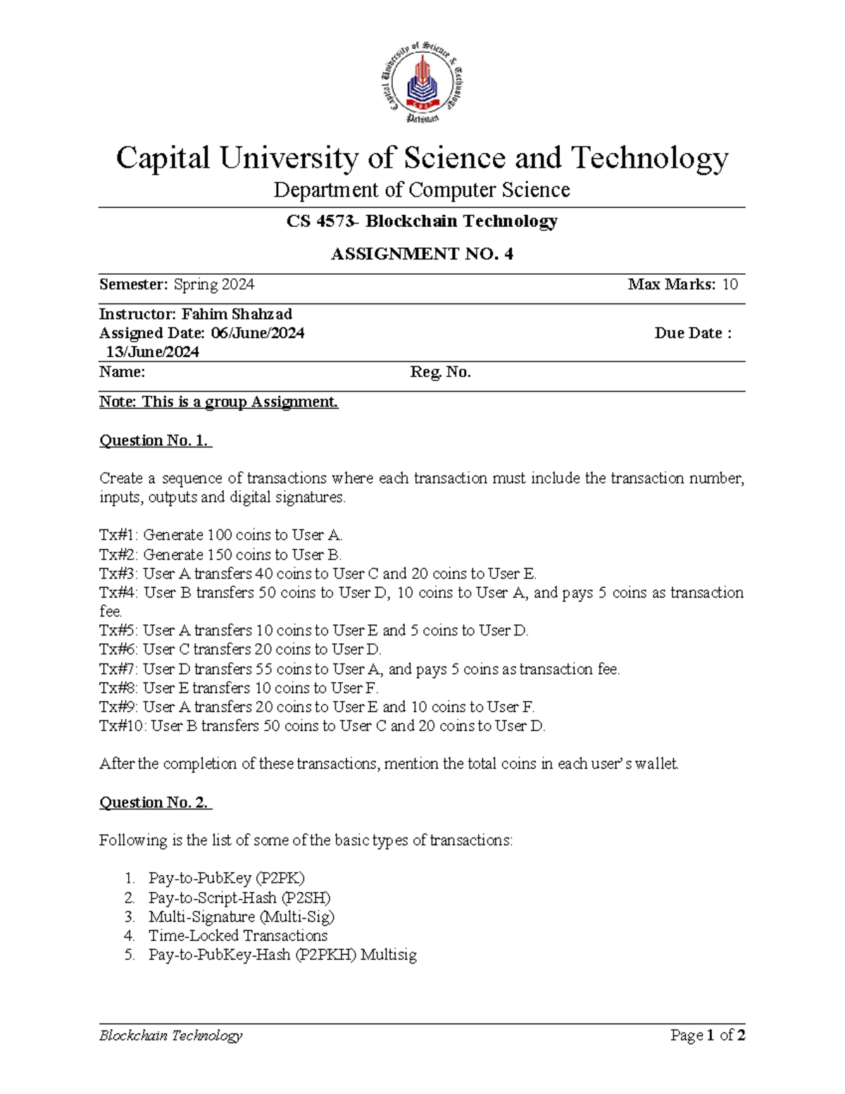 CS Blockchain Technology Assignment No. 4 - Spring 2024 - Studocu