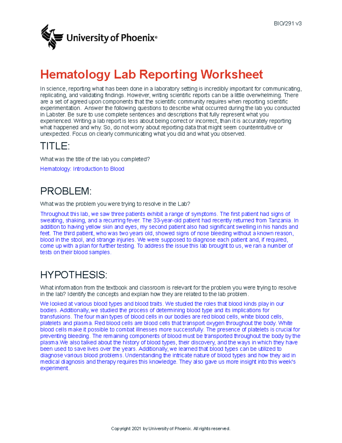 Bio291 v3 wk1 the hematology lab report - BIO/291 v Hematology Lab ...