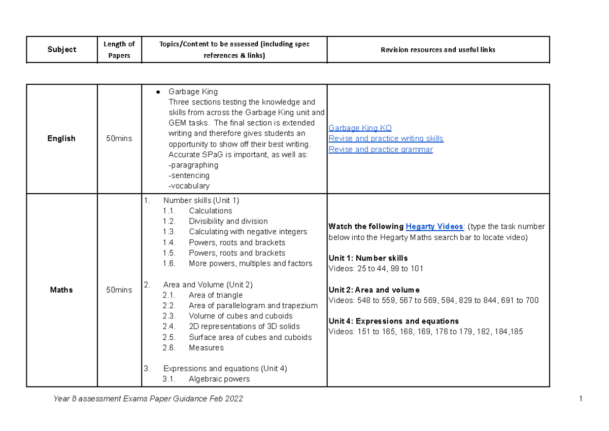 Year 8 Assessment Exam Paper Guidance - Key Topics & Resources - Studocu