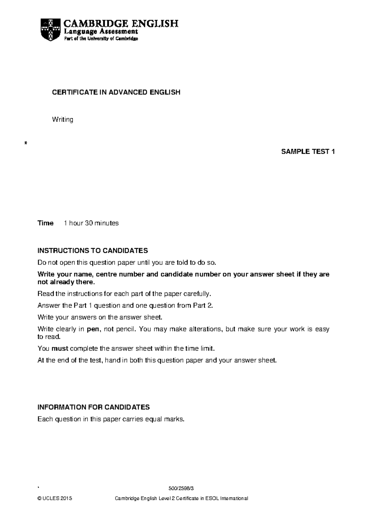 Cambridge English Advanced Writing Sample Test 1 - 1.5 Hours - Studocu
