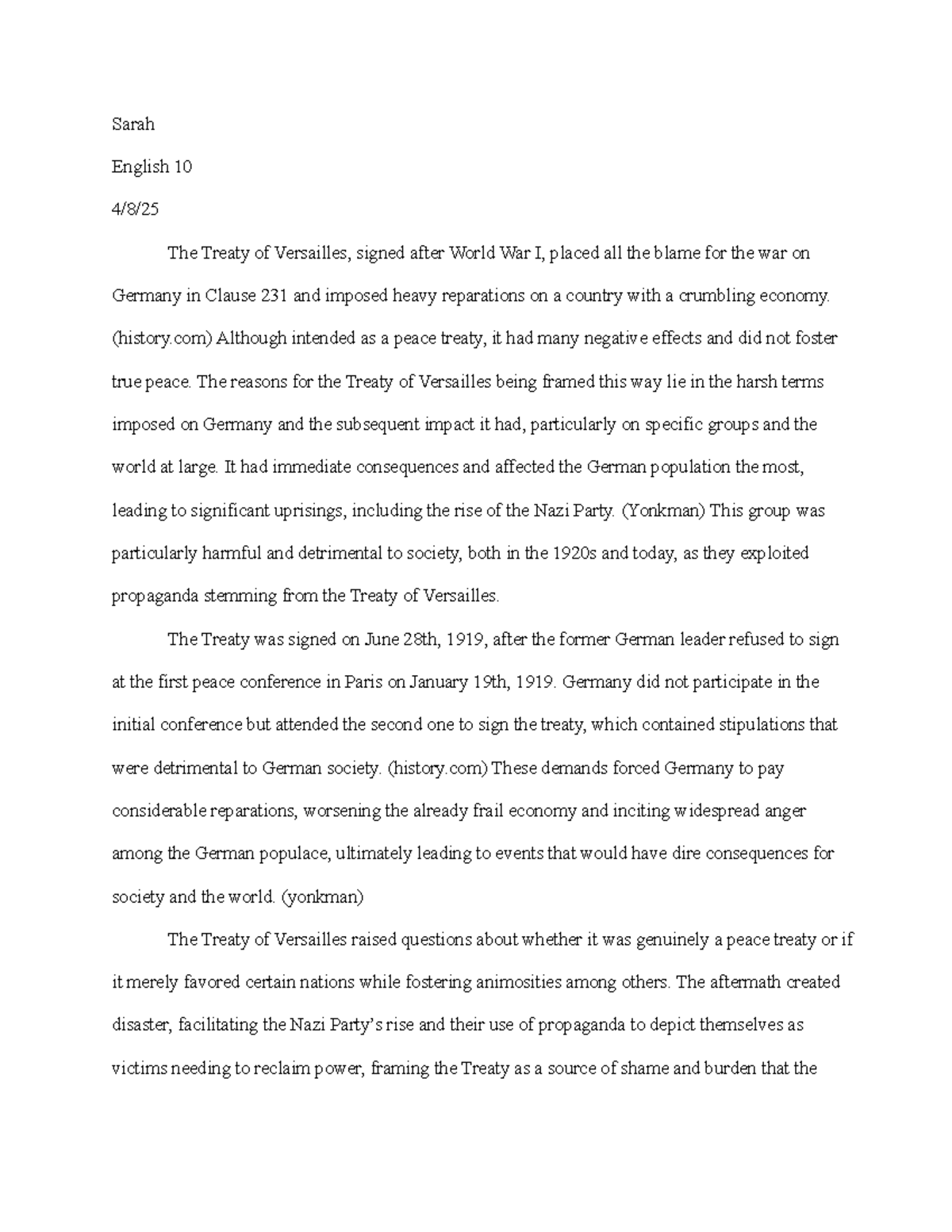 Sarah English 10: The Treaty of Versailles and Its Impact on Germany ...