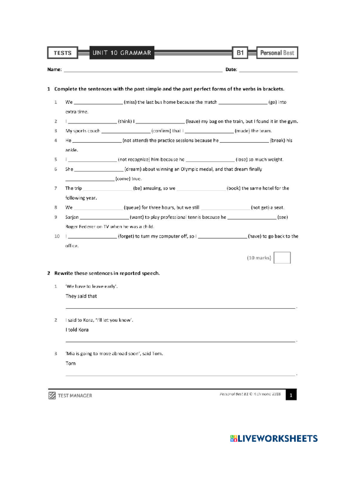 B1 Grammar Test Unit 10: Past Simple & Perfect Forms - Studocu