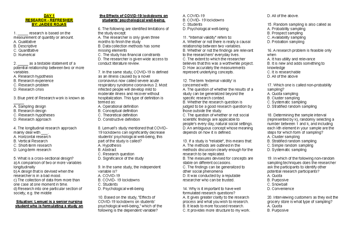 Research Refresher Test Compilation for Nursing Concepts - Studocu