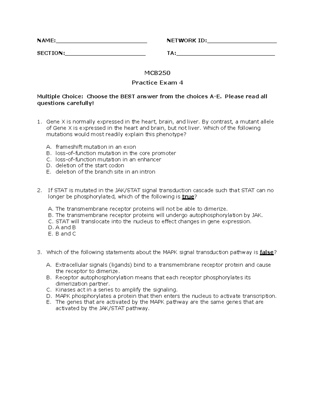 MCB250 Final Exam Practice: Multiple Choice Questions - Studocu