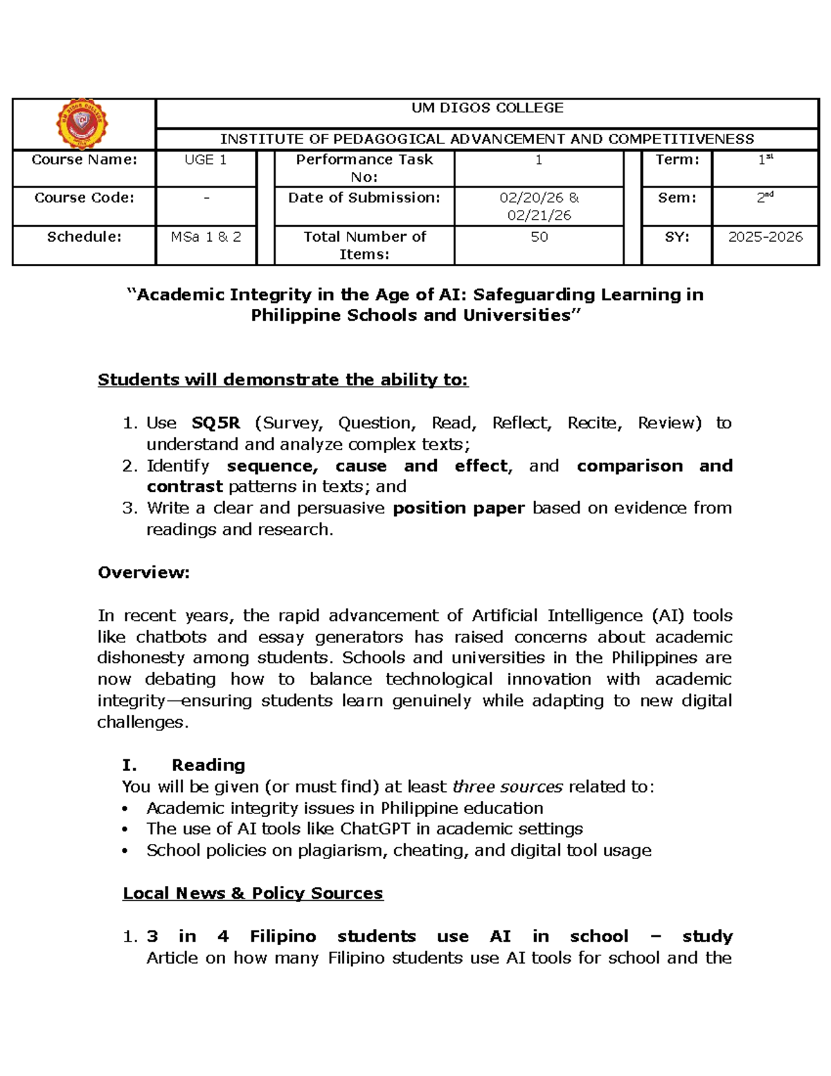 UGE 1 Performance Task 1: Integrity in AI Use in Philippine Schools ...