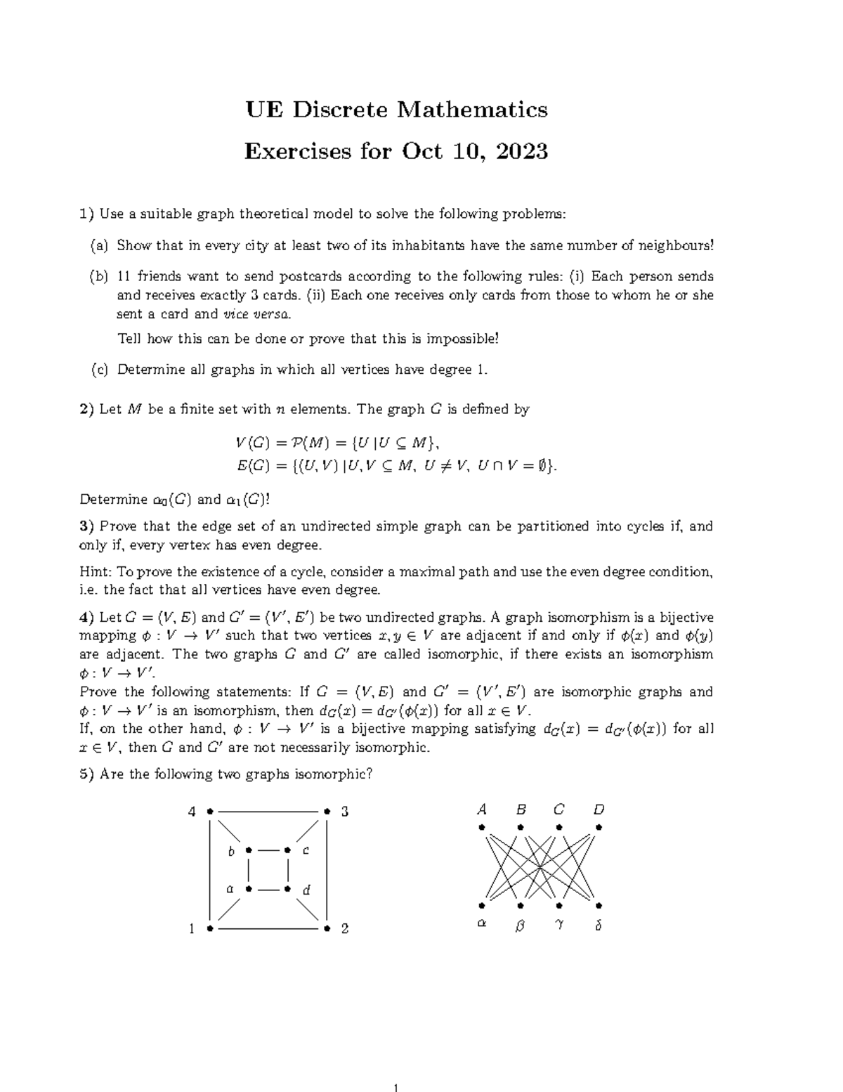 UE1 Discrete Mathematics Exercises - Graph Theory Problems - Studocu