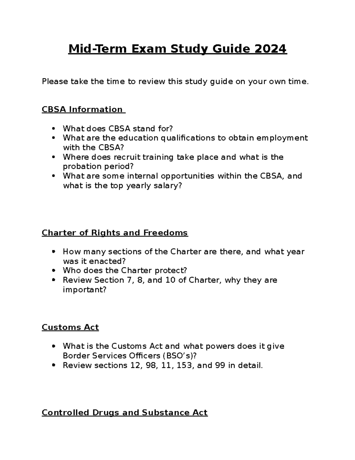 Mid-Term Study Guide 2024 - Mid-Term Exam Study Guide 2024 Please take ...