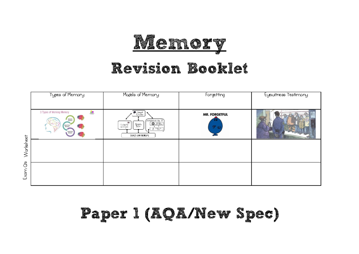 Memory Revision Booklet: Models, Types, and Forgetting (Psych 101 ...
