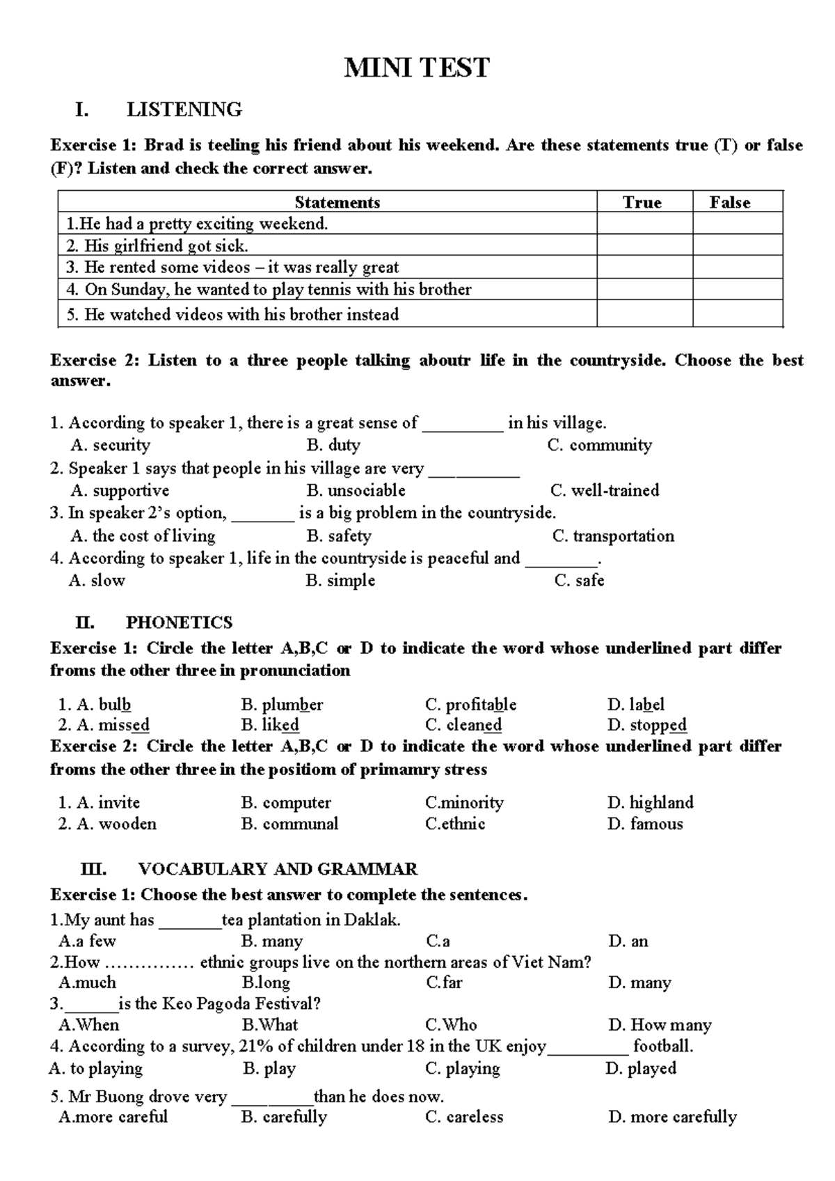 MINI TEST I: Listening, Phonetics, Vocabulary & Grammar - Studocu