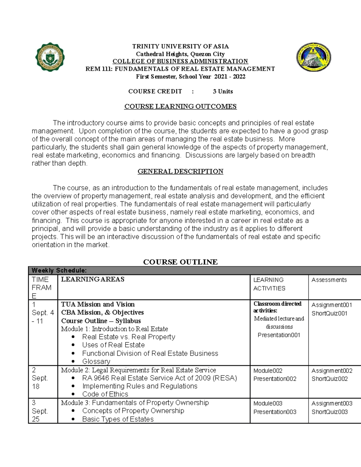 REM111 Course Outline: Fundamentals of Real Estate Management 2021-22 ...