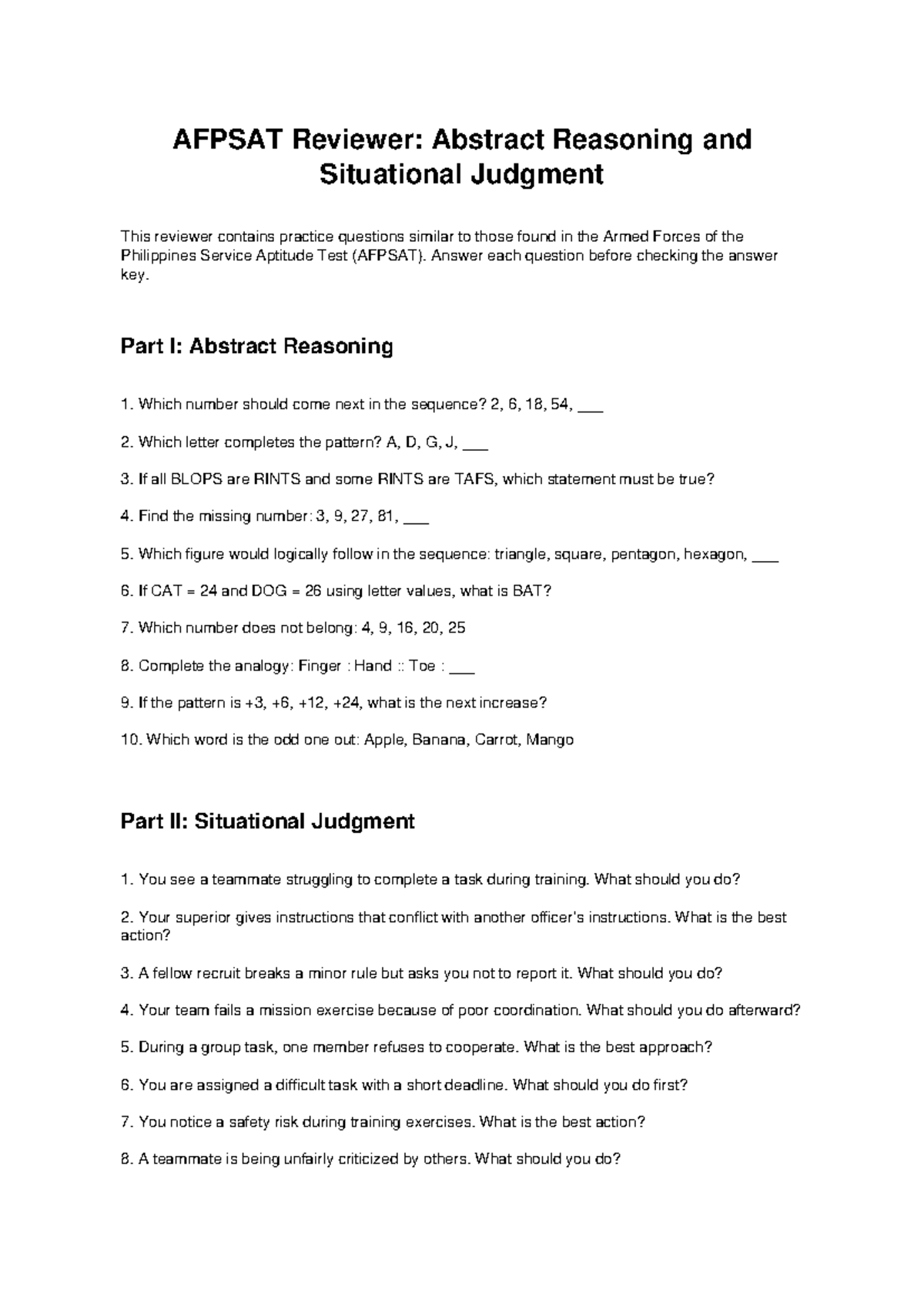 AFPSAT Reviewer: Abstract Reasoning & Situational Judgment Practice ...