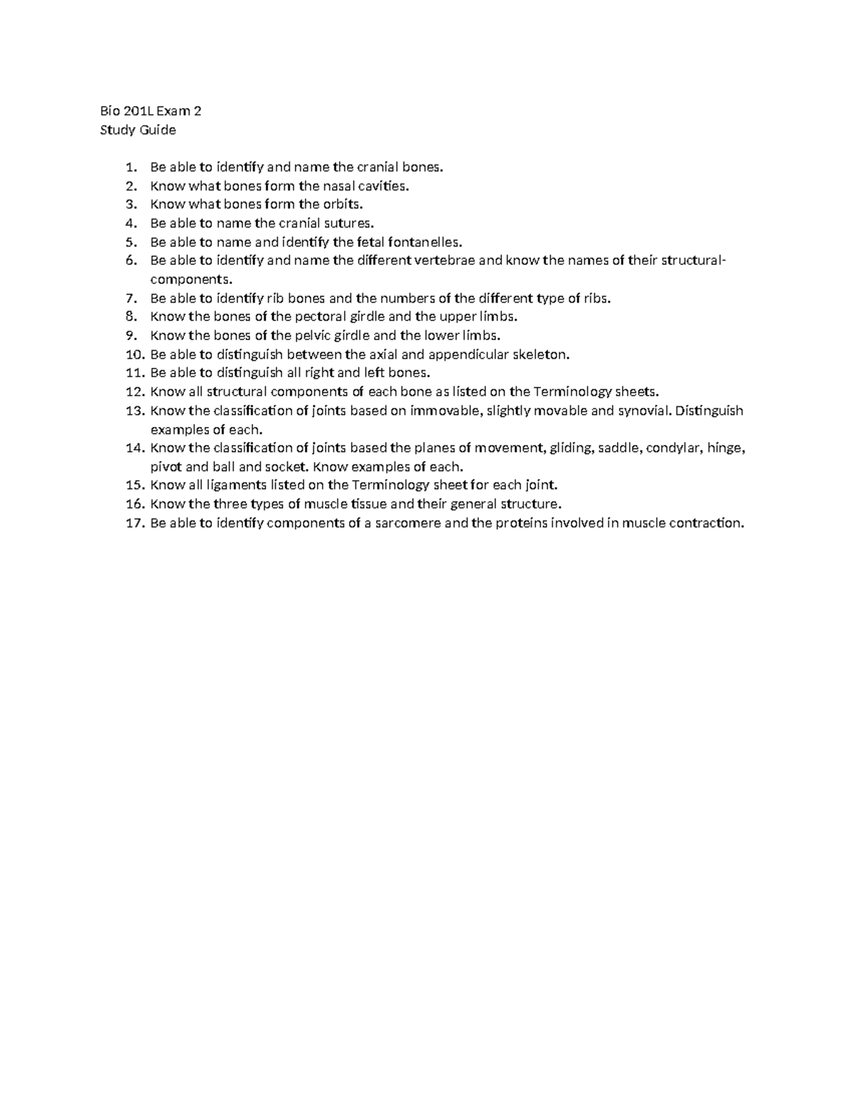 Bio 201L Exam 2: Comprehensive Study Guide for Anatomy and Joints - Studocu