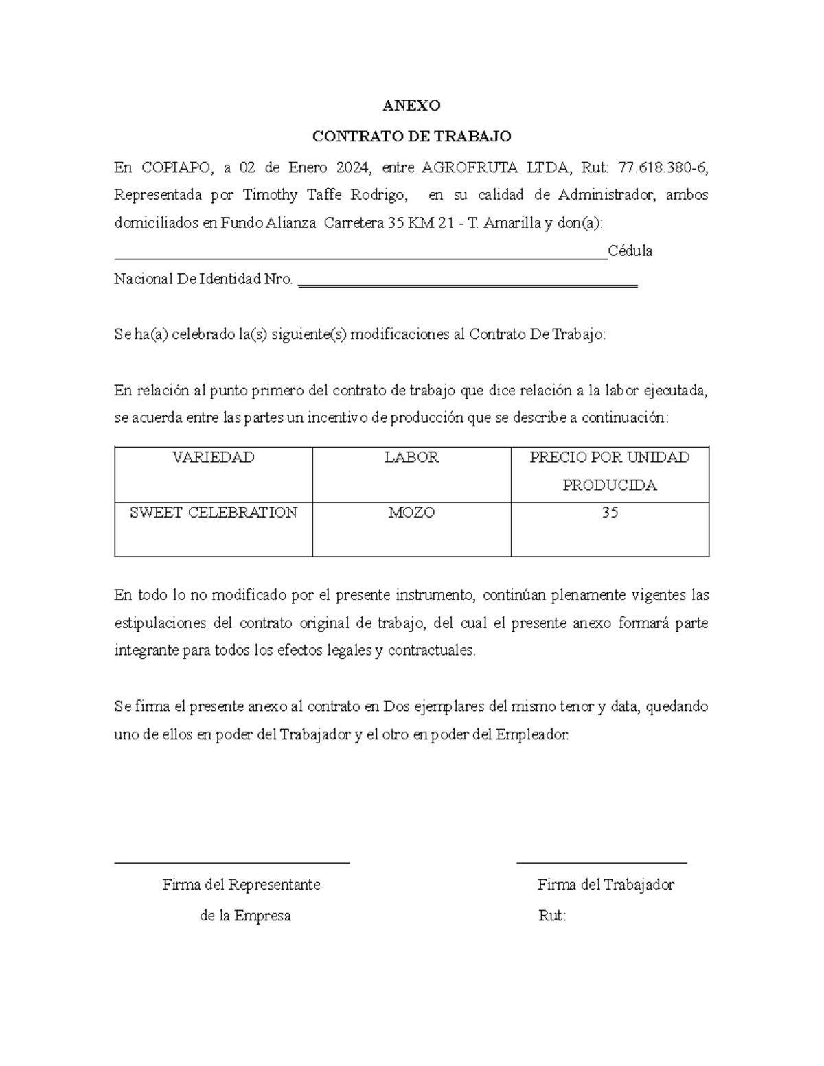 Anexo Modificación Contrato Trabajo MOZO - Agrofruta LTDA - Document Preview