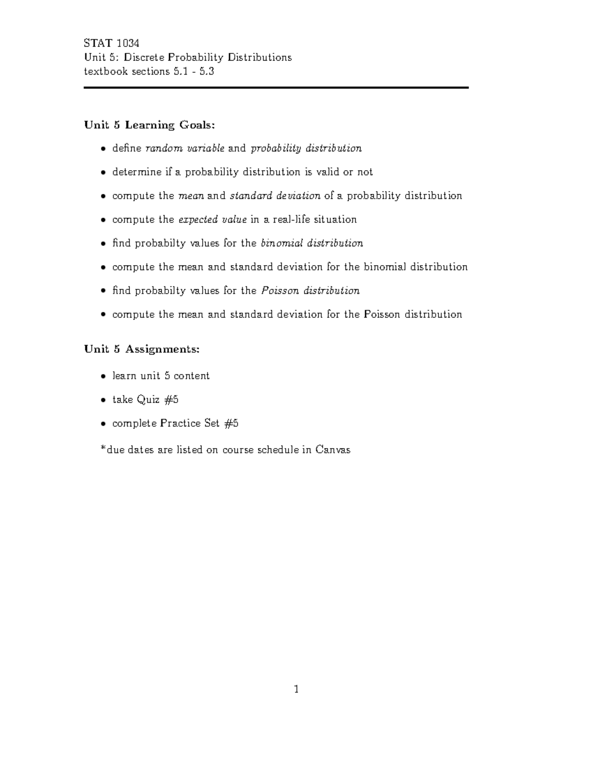 STAT 1034 Unit 5: Discrete Probability Distributions Class Notes - Studocu