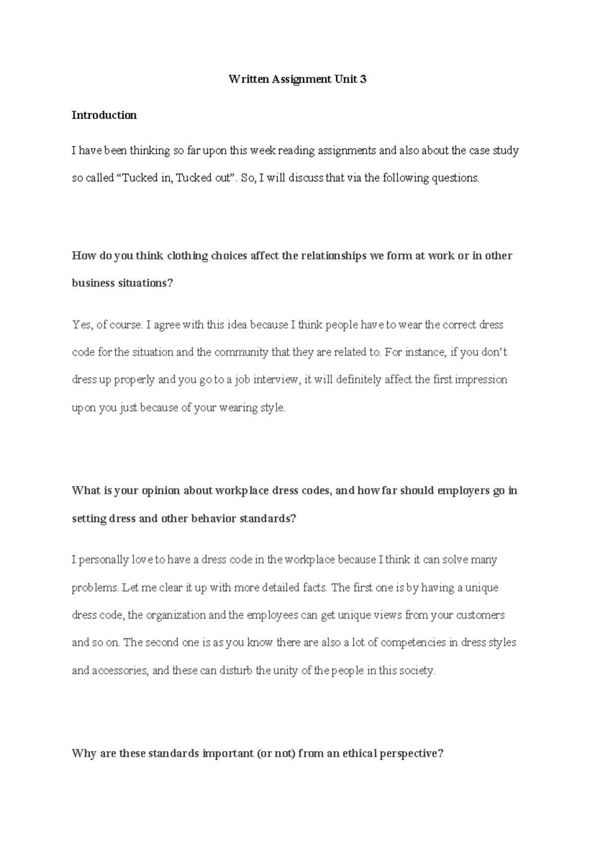 Ethics Written Assignment Unit 3: Impact of Dress Codes on Workplace ...
