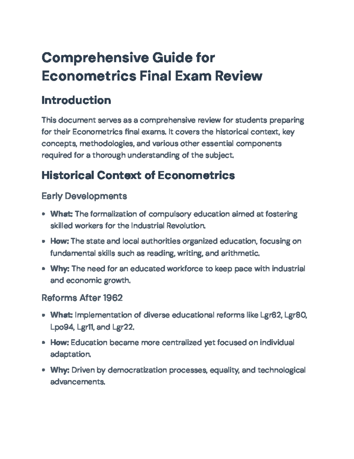 Econometrics FIN 101 Final Exam Comprehensive Review Guide - Studocu