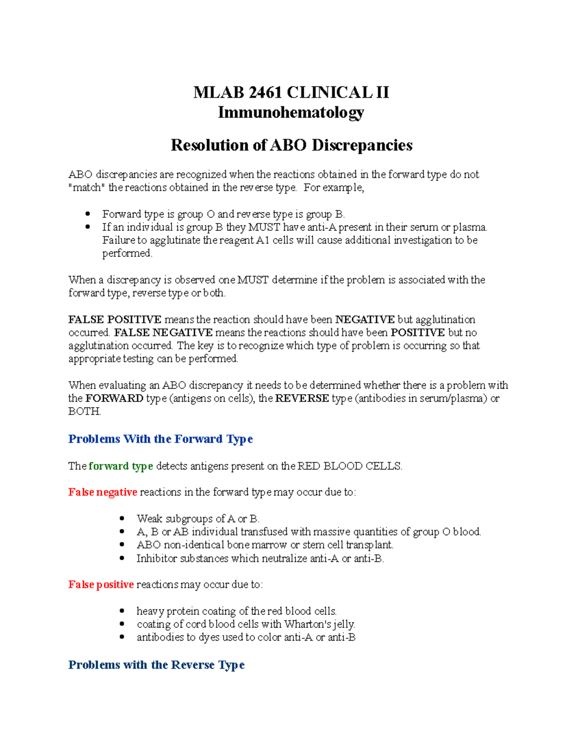 ABO Discrepancies & Resolution Techniques - MLAB 2461 Clinical II - Document Preview