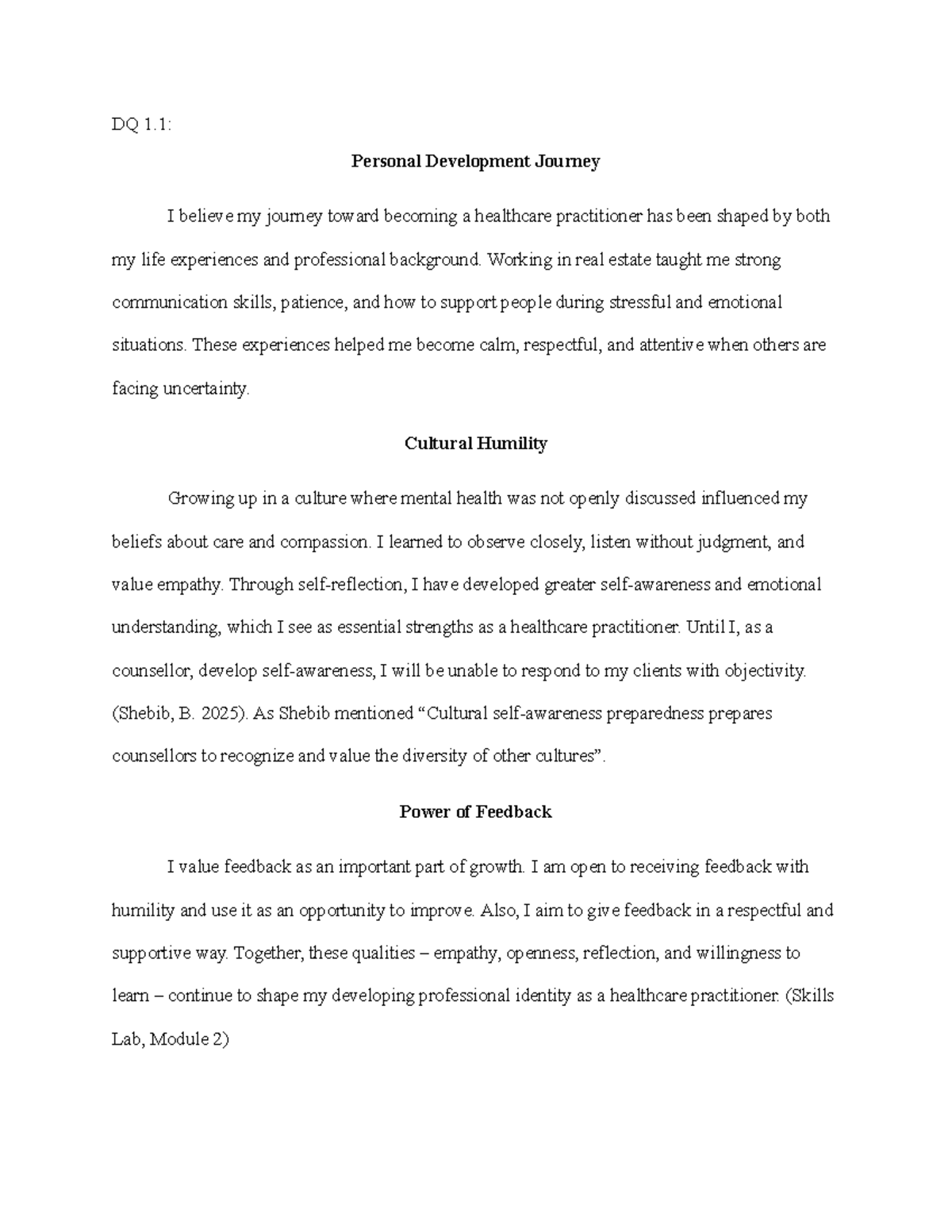 DQ 1.1: Personal Development Journey in Healthcare Practice - Studocu