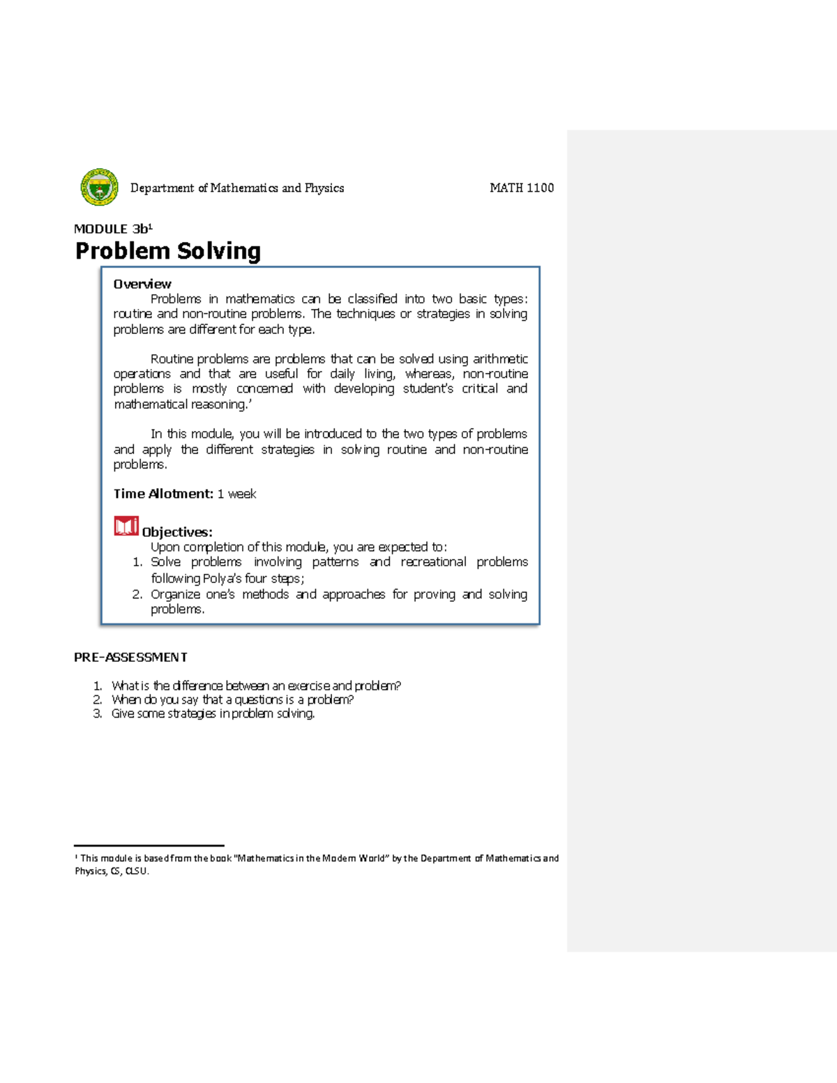 BSMA1 MATH 1100 Module 3b Problem Solving Strategies Overview - Studocu