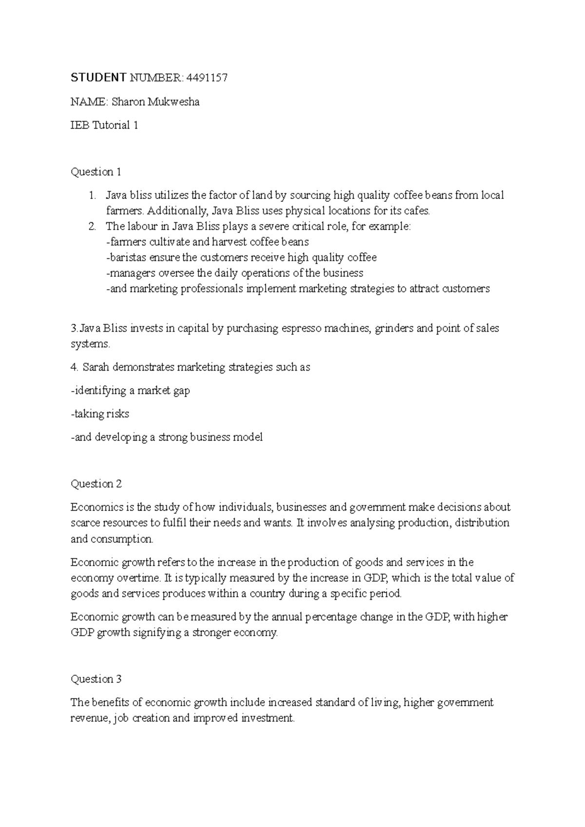 IEB Tutorial Exercise 1: Java Bliss & Economic Growth Analysis - Studocu
