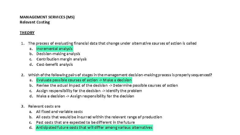 MS Relevant Costing - Theory and Practice Notes - Studocu
