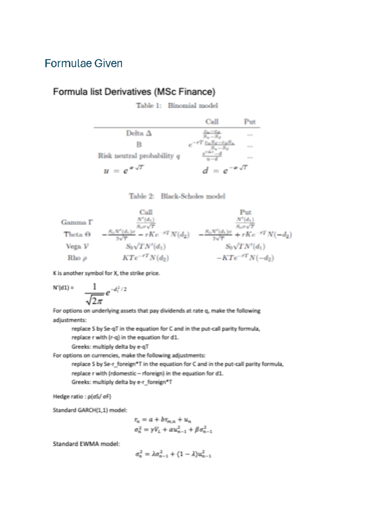 Derivatives Comprehensive Summary and Key Formulae (Course Code: DER ...