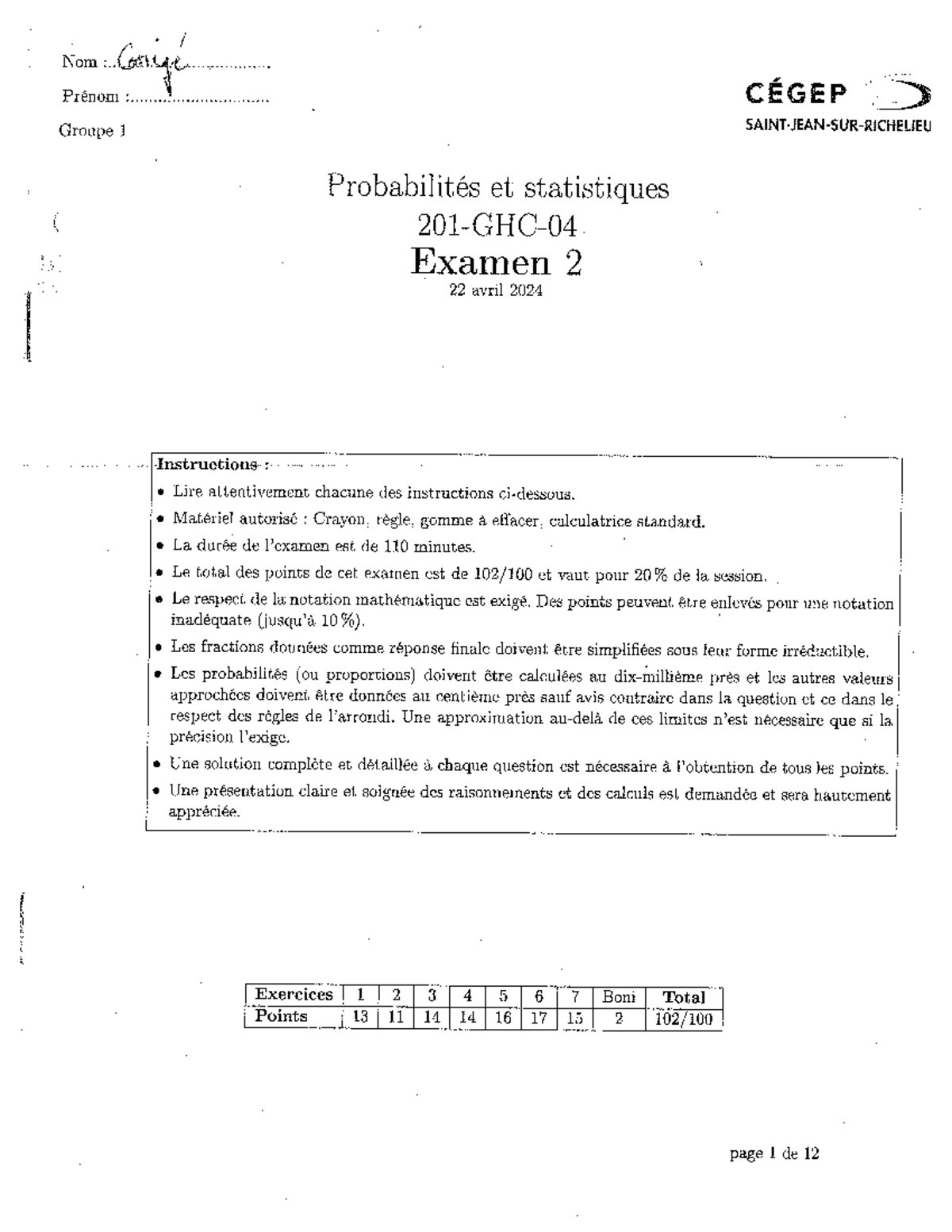 Corrigé Examen 2 GHC H24 - Probabilités et Statistiques - Studocu