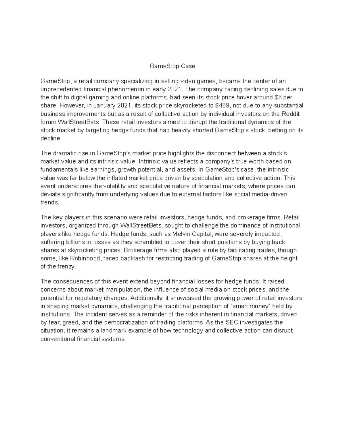 GameStop Case Study: Market Volatility & Retail Investor Impact - Studocu