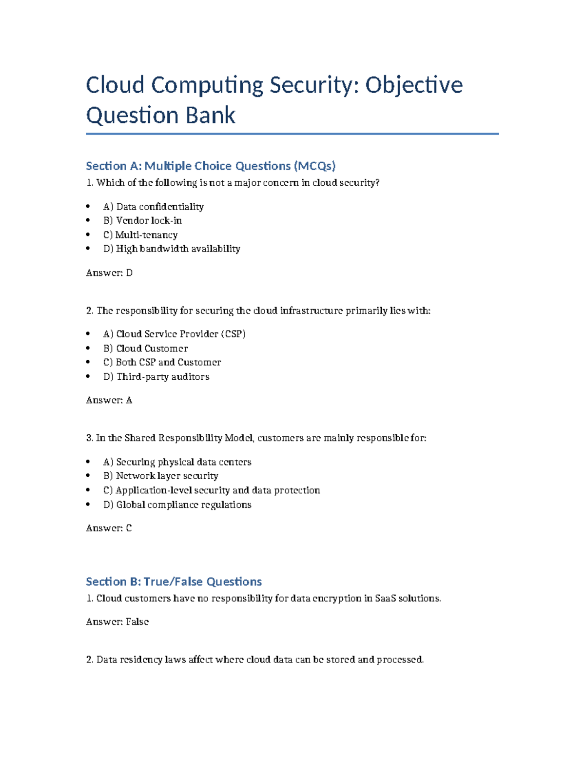 Cloud Computing Security: MCQ & Q&A Question Bank - Studocu