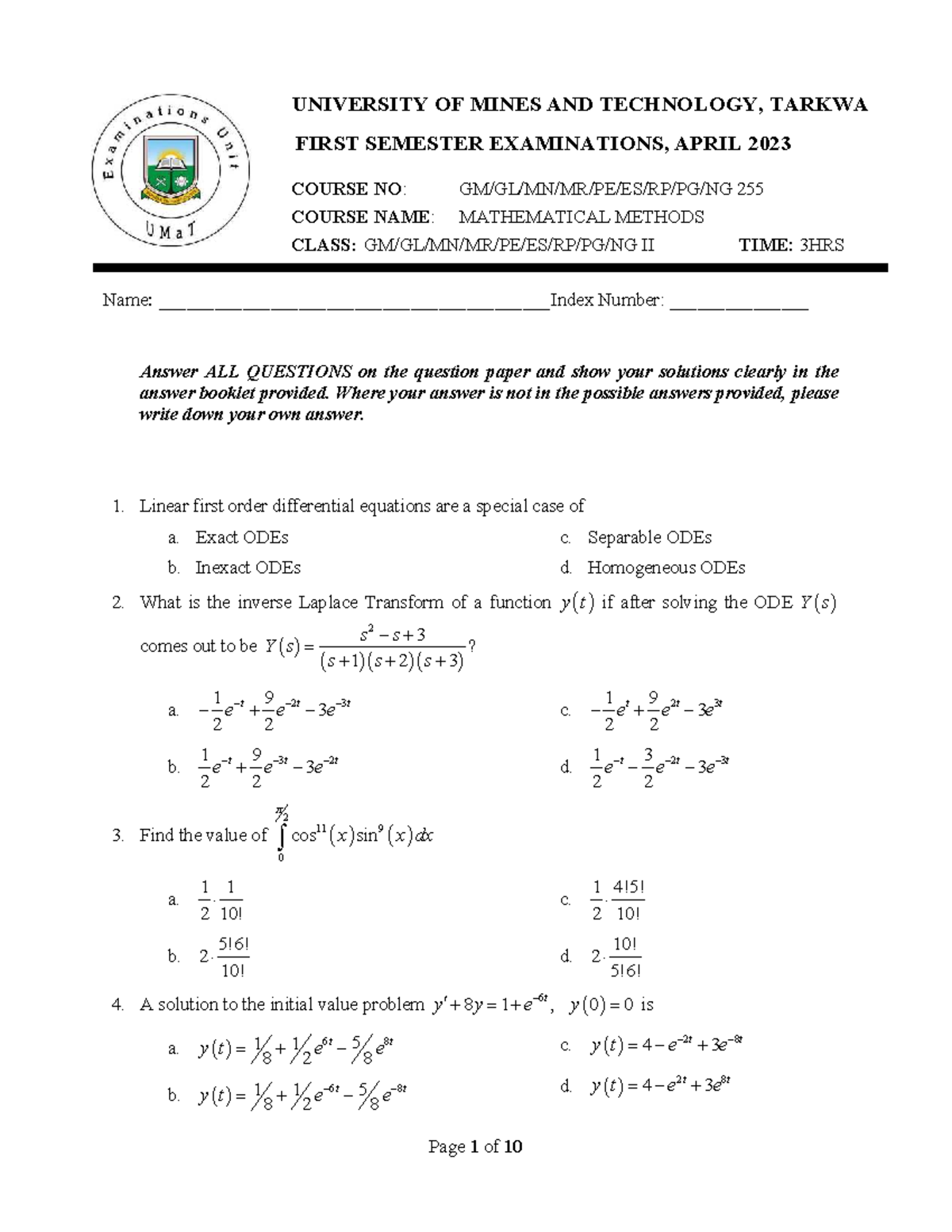 Mathematical Methods Exam Questions - Course 255, April 2023 - Studocu