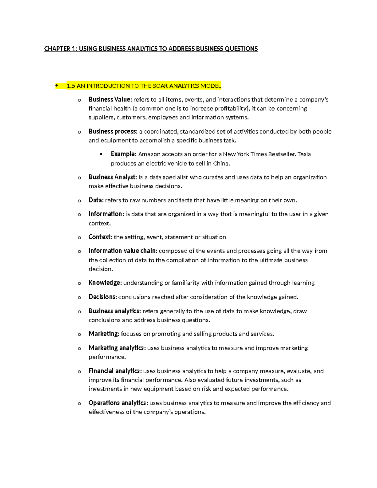 Chapter 1 - Business Analytics and the SOAR Model Overview - Studocu