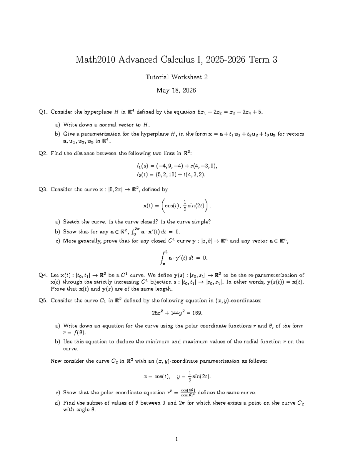 Math2010 Advanced Calculus I, Term 3 Tutorial Worksheet 2 - Studocu