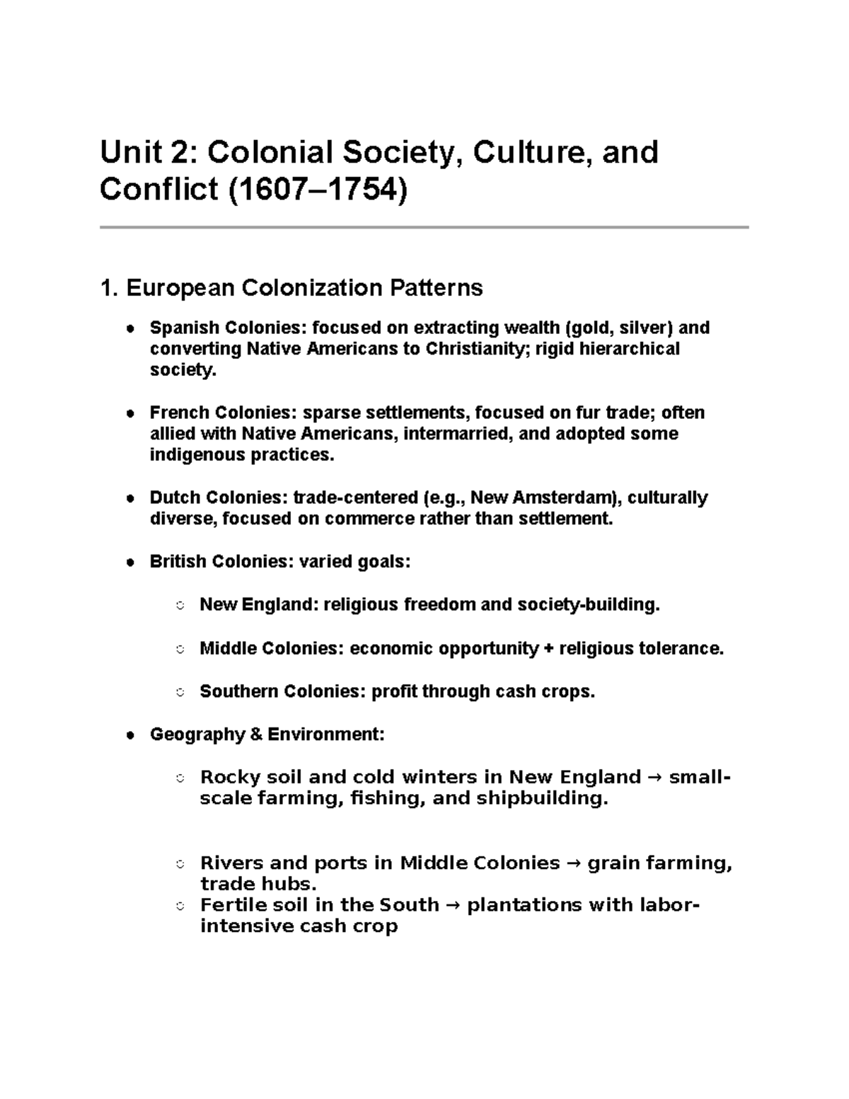 AP US History Notes: Unit 2 - Colonial Society, Culture, and Conflict ...